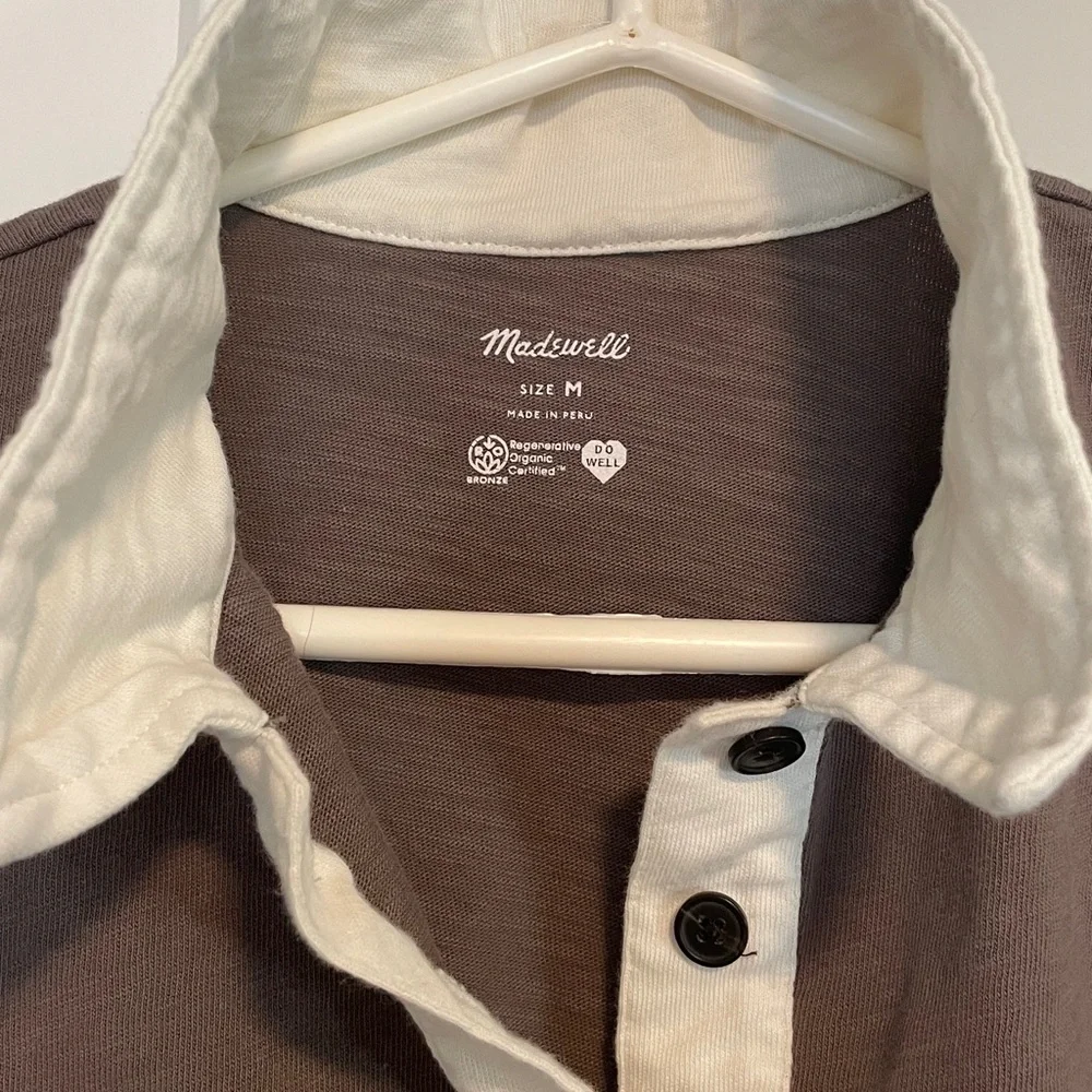 Madewell Women’s Crop Casual Button Down Shirt in Brown and Cream - Picture 2 of 3